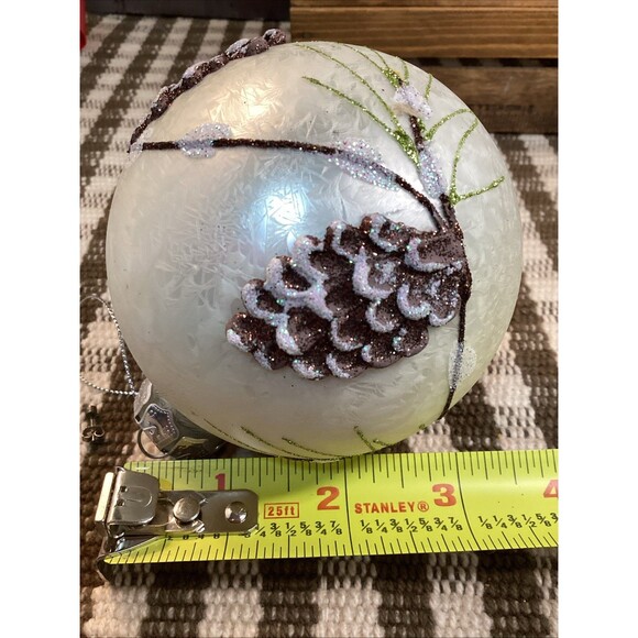 Beautiful White Glittery Christmas Large Glass Ball Ornament With Pine Cones - Picture 10 of 12